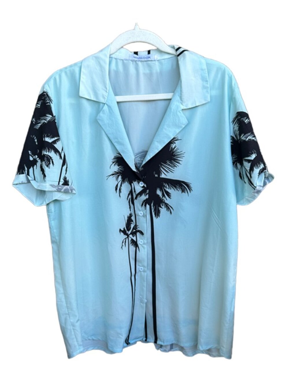 Light Blue & Black Palm Tree Tropical Button Up Shirt Size XL